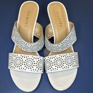 Talbots Wedge Heel White Double Strap Leather Sandals 8.5 Open Toe Heels